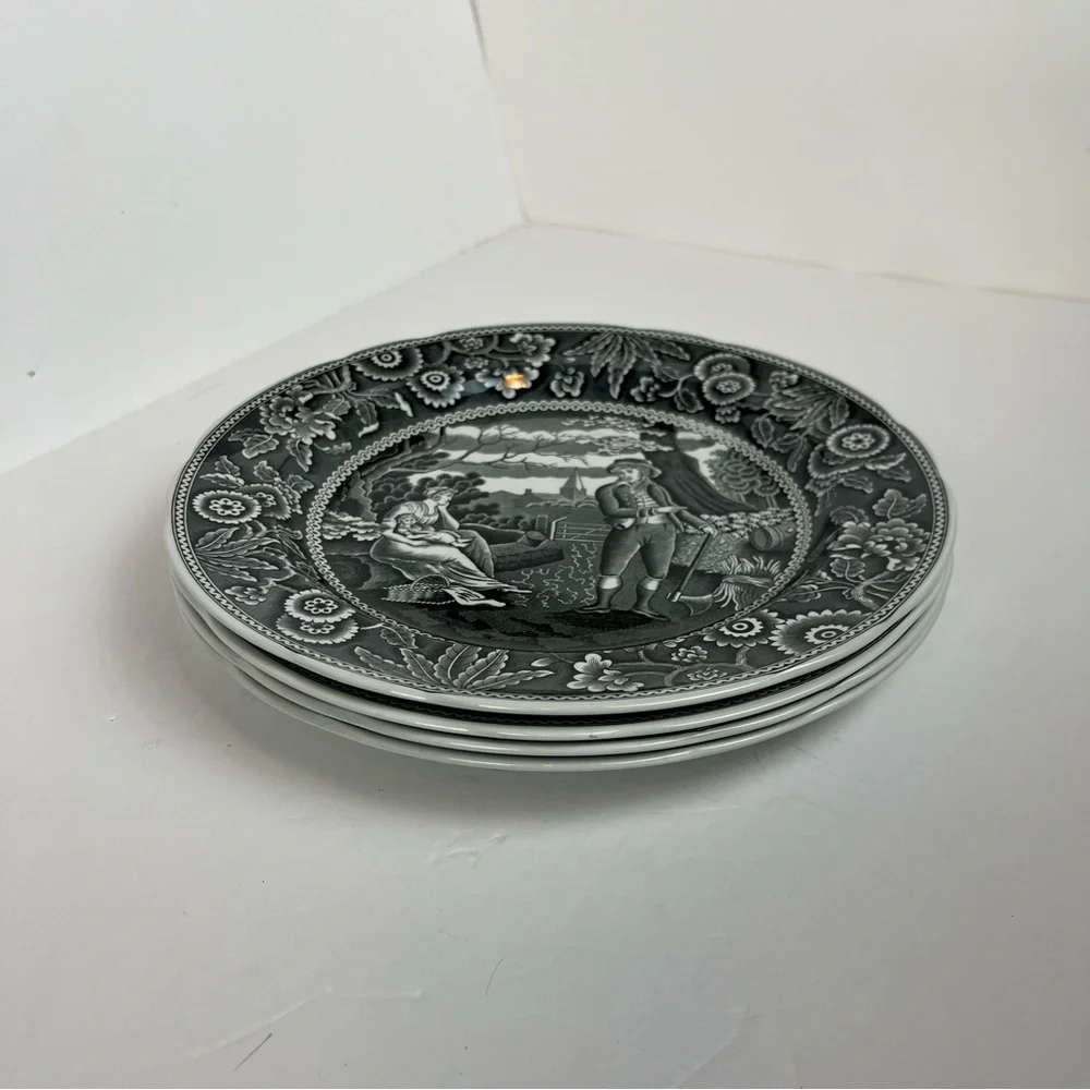 Spode Georgian Series Woodman 10” Dinner Plates Black S3480-W England Set of 4